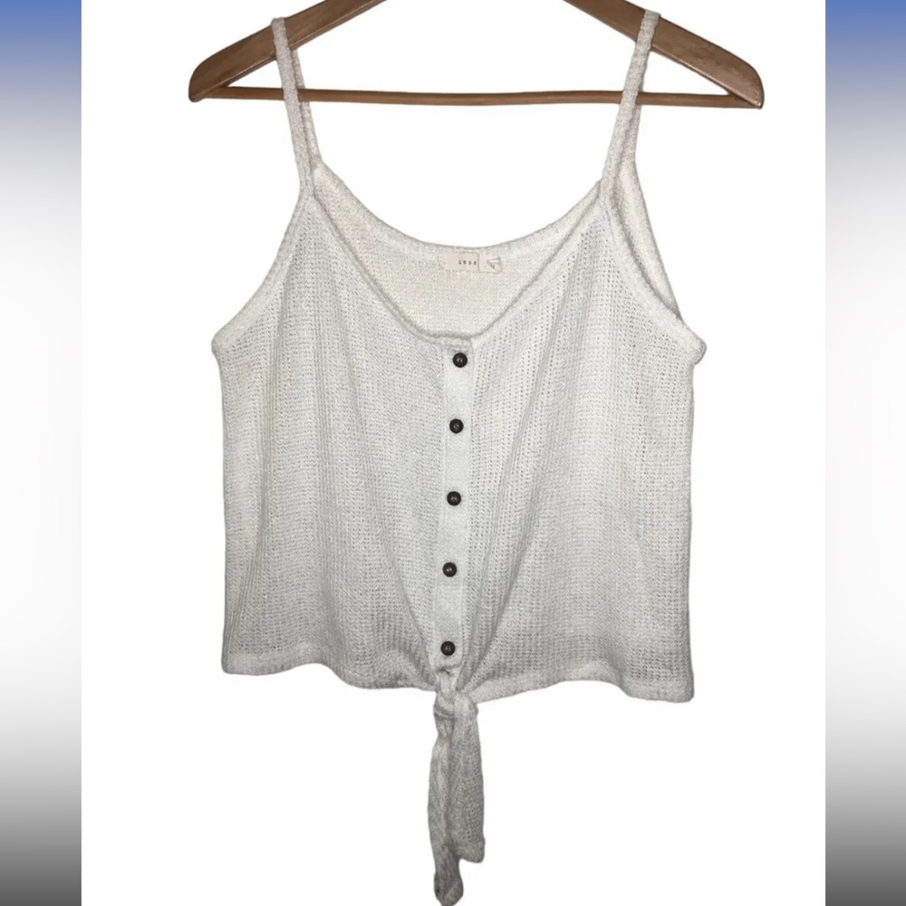LUSH Womens Tie Front White Crochet Festival Hippie Boho Bohemian Tank - Size S